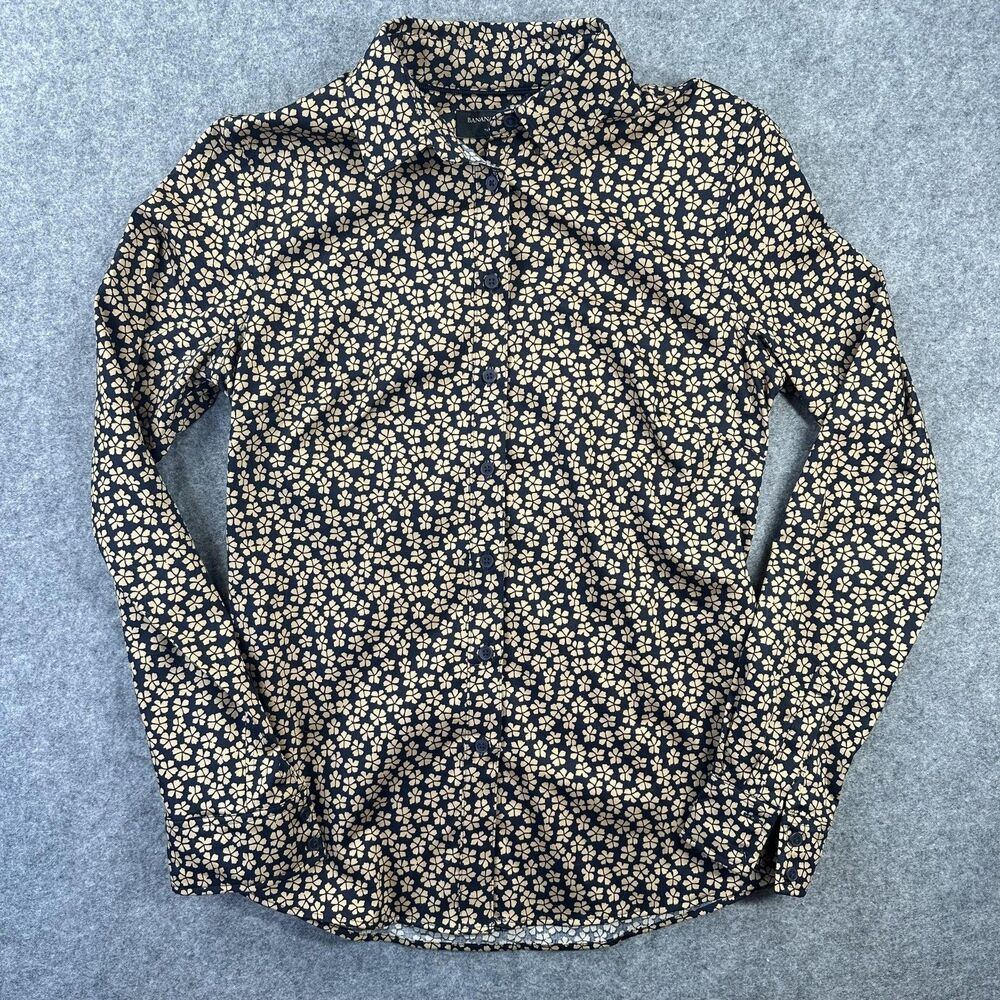 Banana Republic Shirt Womens 0 Blue Floral Tailored Fit Button Front Long Sleeve